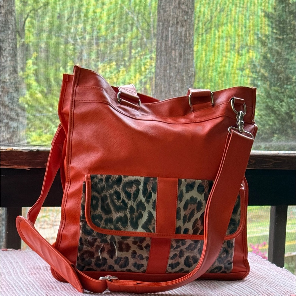Stylish faux leather Orange with Leopard Print Women's versatile tote bag